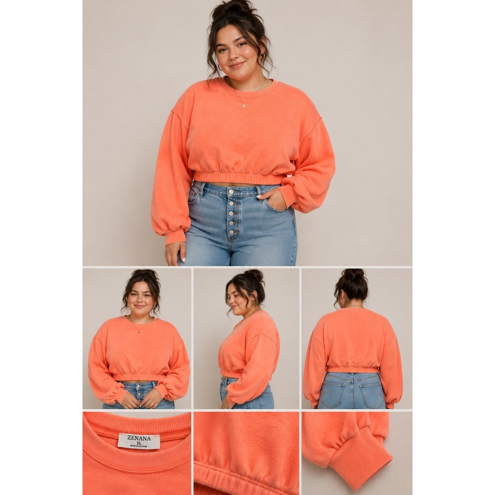 Zenana Womens XL Cropped Balloon Sleeve Sweatshirt Neon Coral Orange Fleece Top